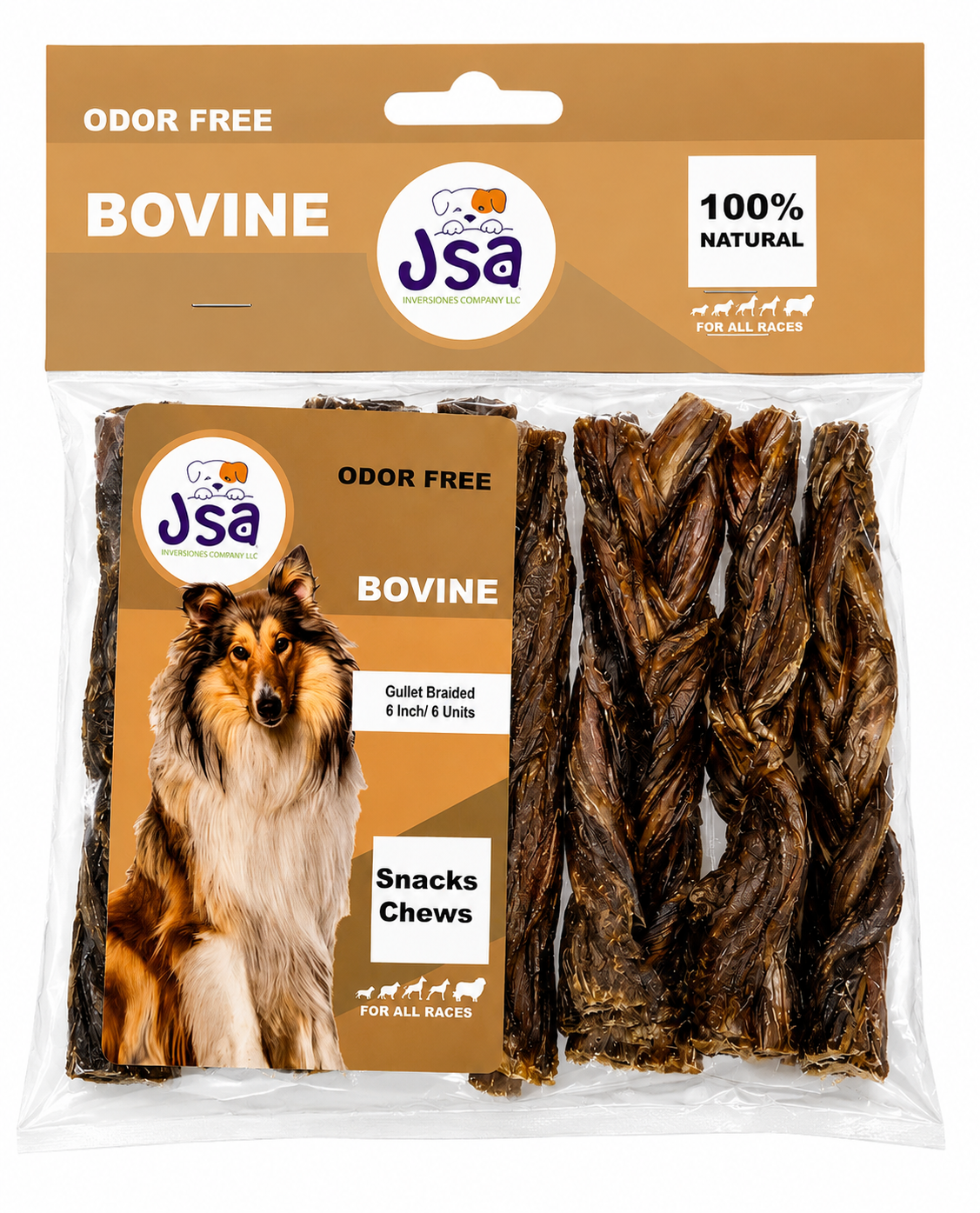 6 INCH JSA BEEF GULLET BRAIDED TREATS FOR DOGS (6 UNITS)