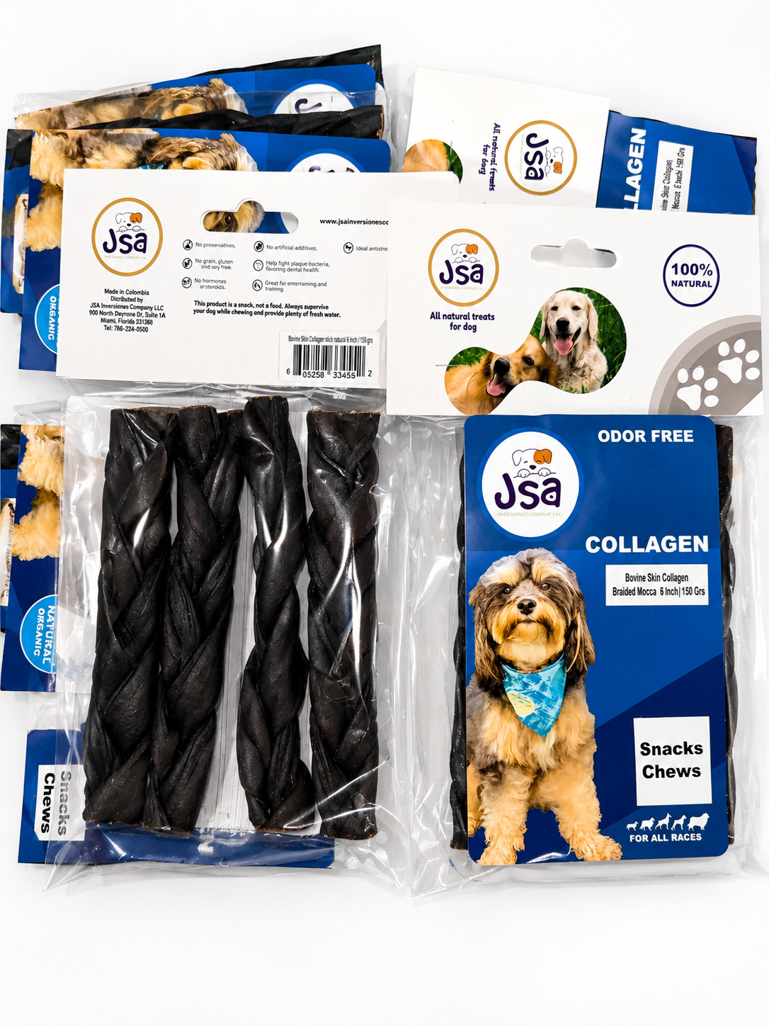 6 INCH JSA BOVINE SKIN COLLAGENE BRAIDED MOCHA FOR DOGS (5 UNITS)