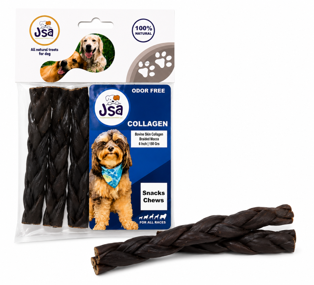 6 INCH JSA BOVINE SKIN COLLAGENE BRAIDED MOCHA FOR DOGS (5 UNITS)
