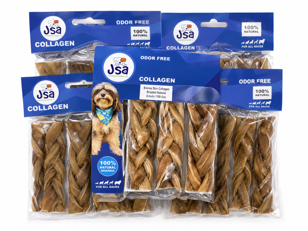6 INCH JSA BOVINE SKIN COLLAGENE BRAIDED NATURAL FOR DOGS (5 UNITS)