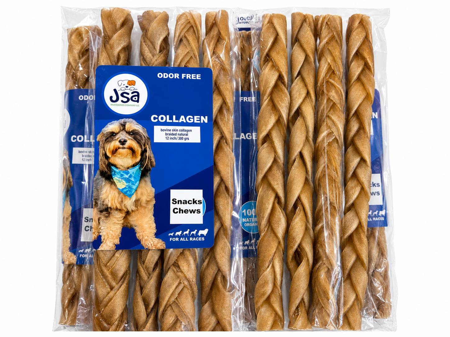 12 INCH BOVINE SKIN COLLAGENE BRAIDED NATURAL FOR DOGS (5 UNITS)