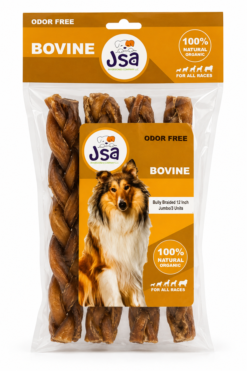 12 INCH JSA BRAIDED BULLY STICK JUMBO FOR DOGS (3 UNITS)